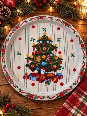 Vintage Christmas Metal Tray Festive Tree Toys Stripes Holly Ornament Design